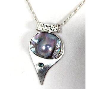 SS Mabe pearl+ blue zircon abstract pendant +19" chainPendant 11/4" x 2"Signed